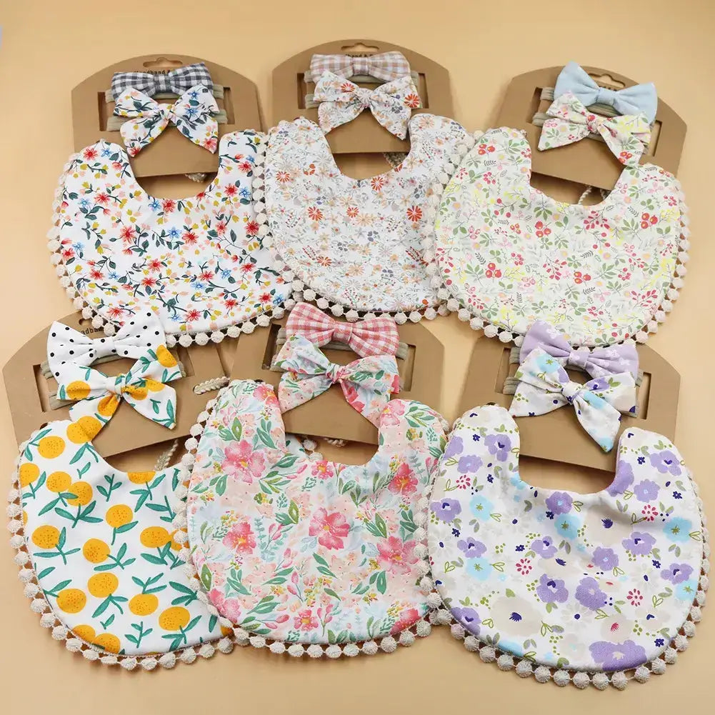 3-Piece Floral Baby Bibs Set with matching bows, soft polyester cotton, unisex design for boys and girls, multiple floral patterns
