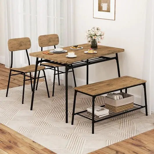 4 Piece Dining Table Set for 4 Metal Frame with Bench and 2 Chairs-Brown-0
