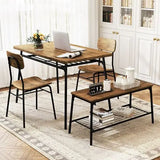 4 Piece Dining Table Set for 4 Metal Frame with Bench and 2 Chairs-Brown-1