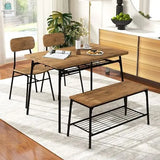 4 Piece Dining Table Set for 4 Metal Frame with Bench and 2 Chairs-Brown-3