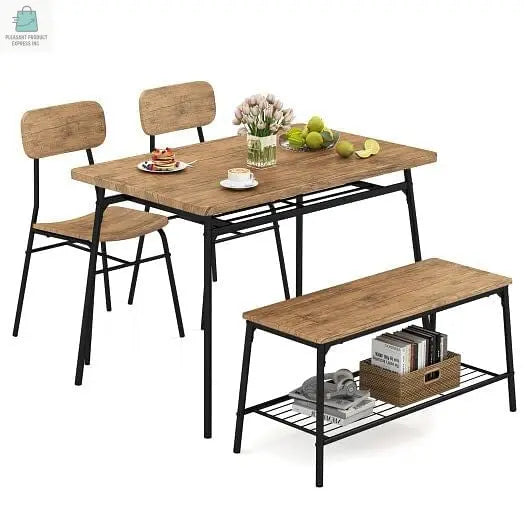 4 Piece Dining Table Set for 4 Metal Frame with Bench and 2 Chairs-Brown-4