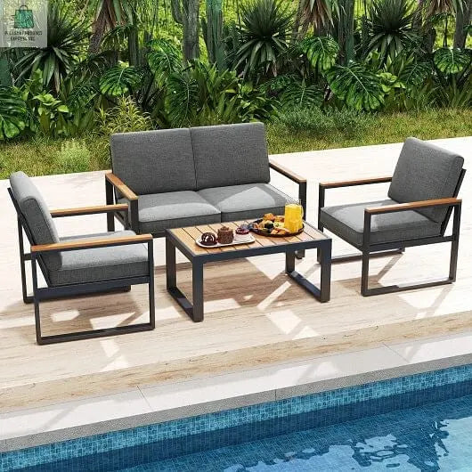 4 Piece Patio Aluminum Furniture Set with Armrests and Tabletop-Gray-1