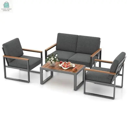 4 Piece Patio Aluminum Furniture Set with Armrests and Tabletop-Gray-2