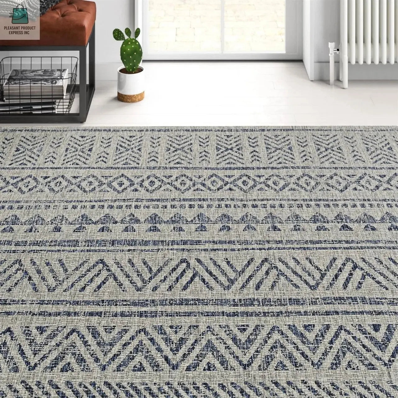 4 ft. x 6 ft. Blue Grey Chevron Coastal Boho Style Indoor Outdoor Area Rug-0