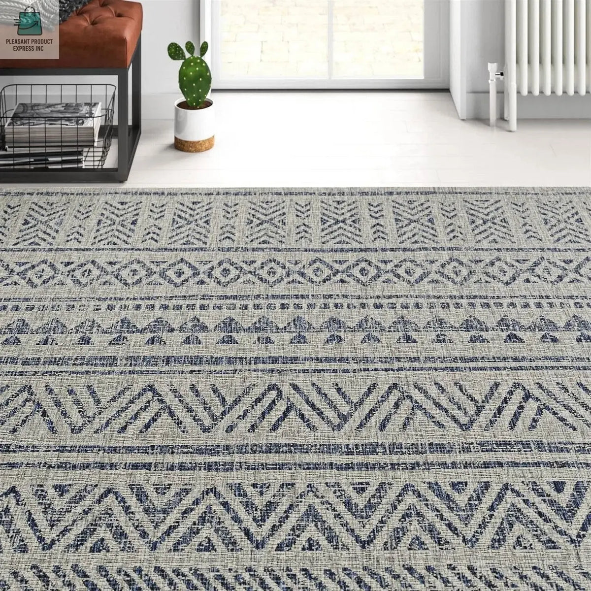 4 ft. x 6 ft. Blue Grey Chevron Coastal Boho Style Indoor Outdoor Area Rug-0