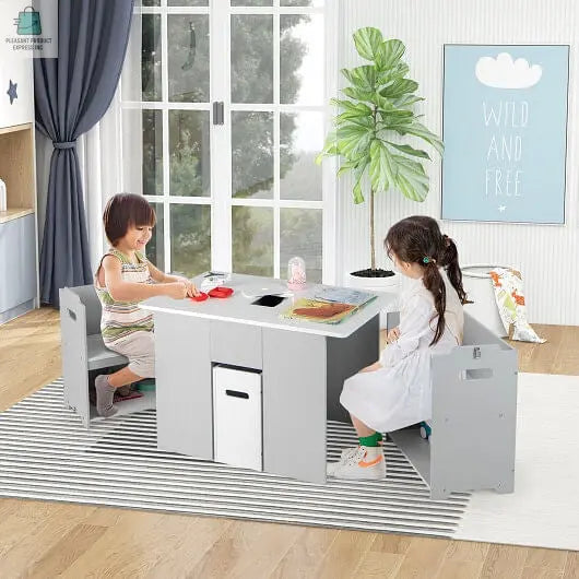 4-in-1 Kids Table and Chairs with Multiple Storage for Learning-Gray-0