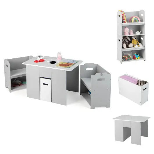 4-in-1 Kids Table and Chairs with Multiple Storage for Learning-Gray-2