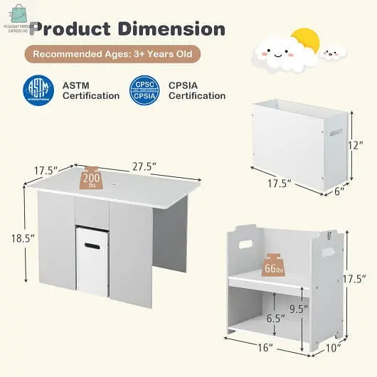 4-in-1 Kids Table and Chairs with Multiple Storage for Learning-Gray-3