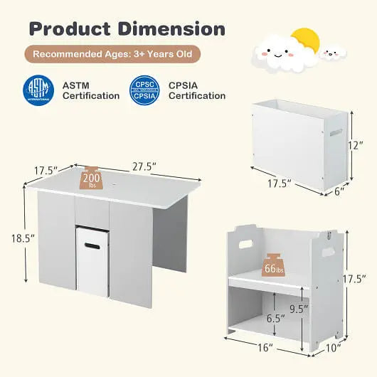 4-in-1 Kids Table and Chairs with Multiple Storage for Learning-Gray-3