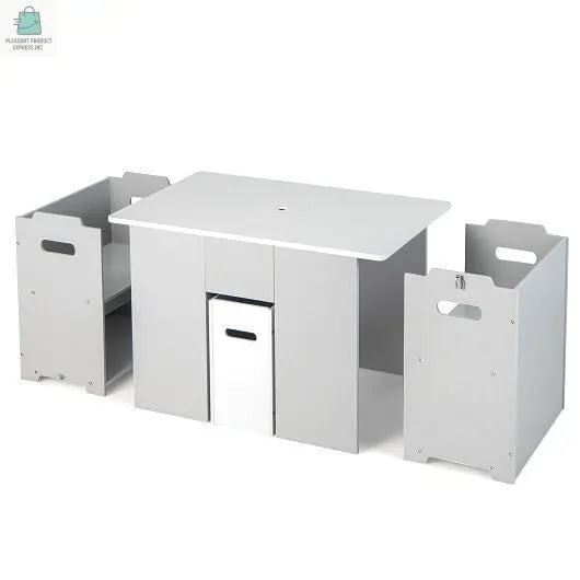 4-in-1 Kids Table and Chairs with Multiple Storage for Learning-Gray-4