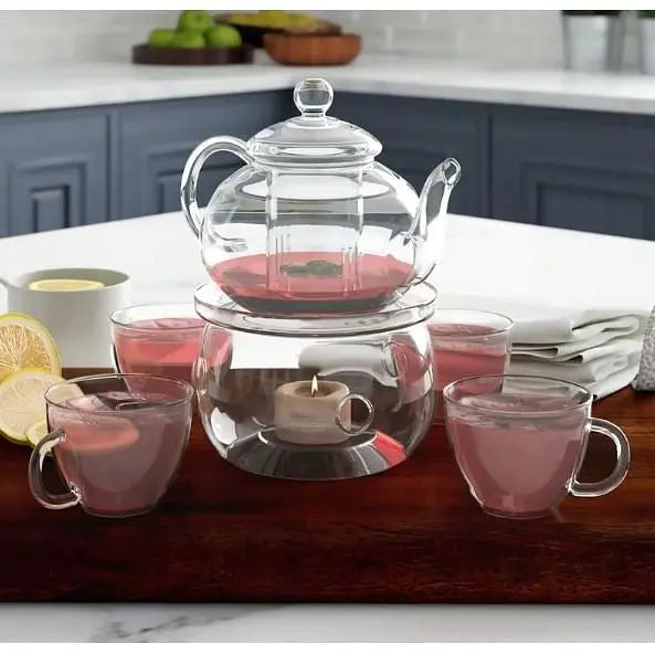 6-Piece Glass Tea Pot Set with 4 Cups Teapot Warmer and Infuser-0