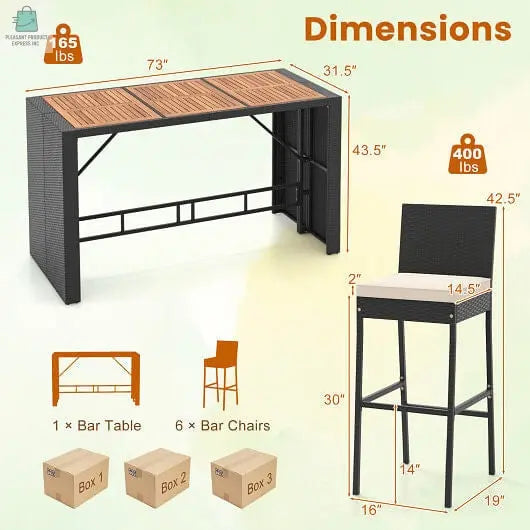 7 Pieces Patio Rattan Bar Set with Seat Cushions for Porch Yard Garden-2