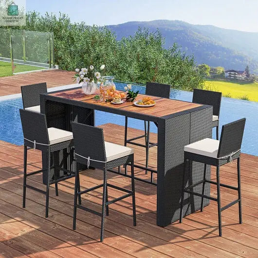 7 Pieces Patio Rattan Bar Set with Seat Cushions for Porch Yard Garden-3