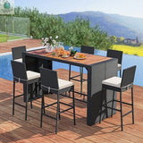 7 Pieces Patio Rattan Bar Set with Seat Cushions for Porch Yard Garden-3