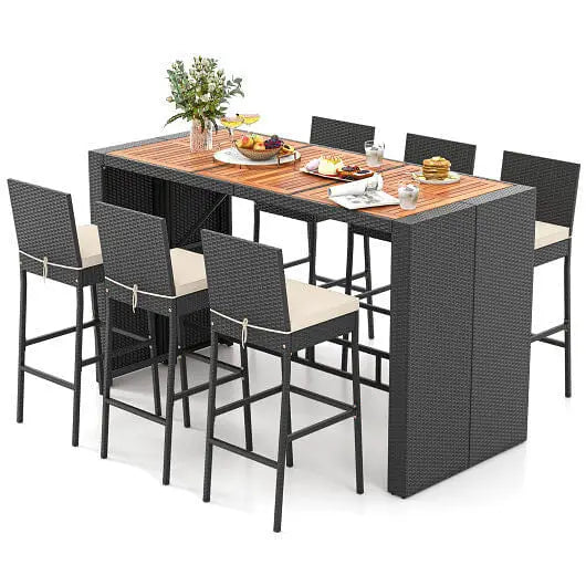 7 Pieces Patio Rattan Bar Set with Seat Cushions for Porch Yard Garden-4