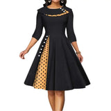 Women Vintage Polka Dot Dress Long Sleeve Buttons Office Skirt