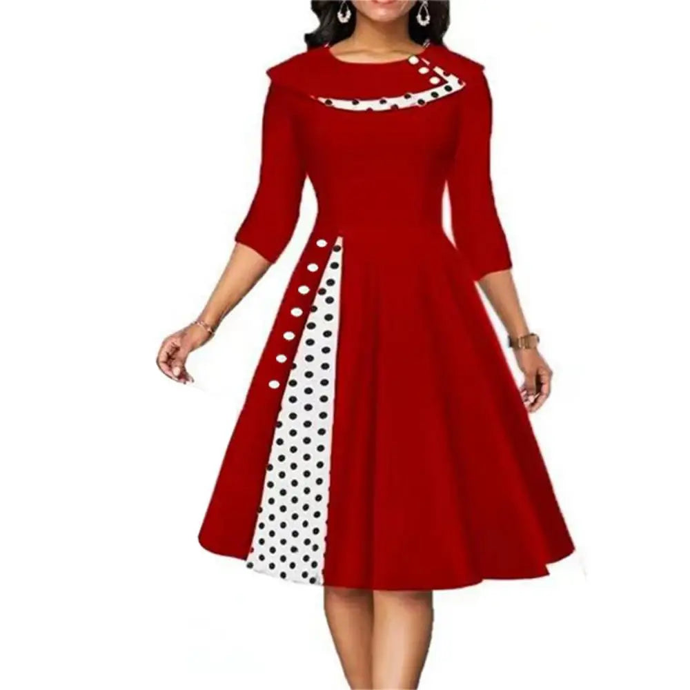 Women Vintage Polka Dot Dress Long Sleeve Buttons Office Skirt