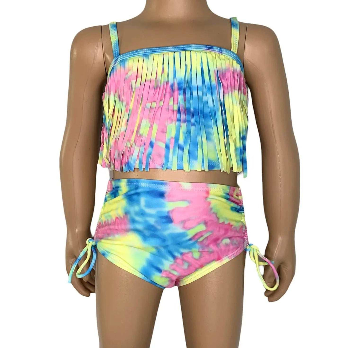 AnnLoren Girls 2-Piece pastel tie dye fringe tankini swimsuit with high-waisted bottom