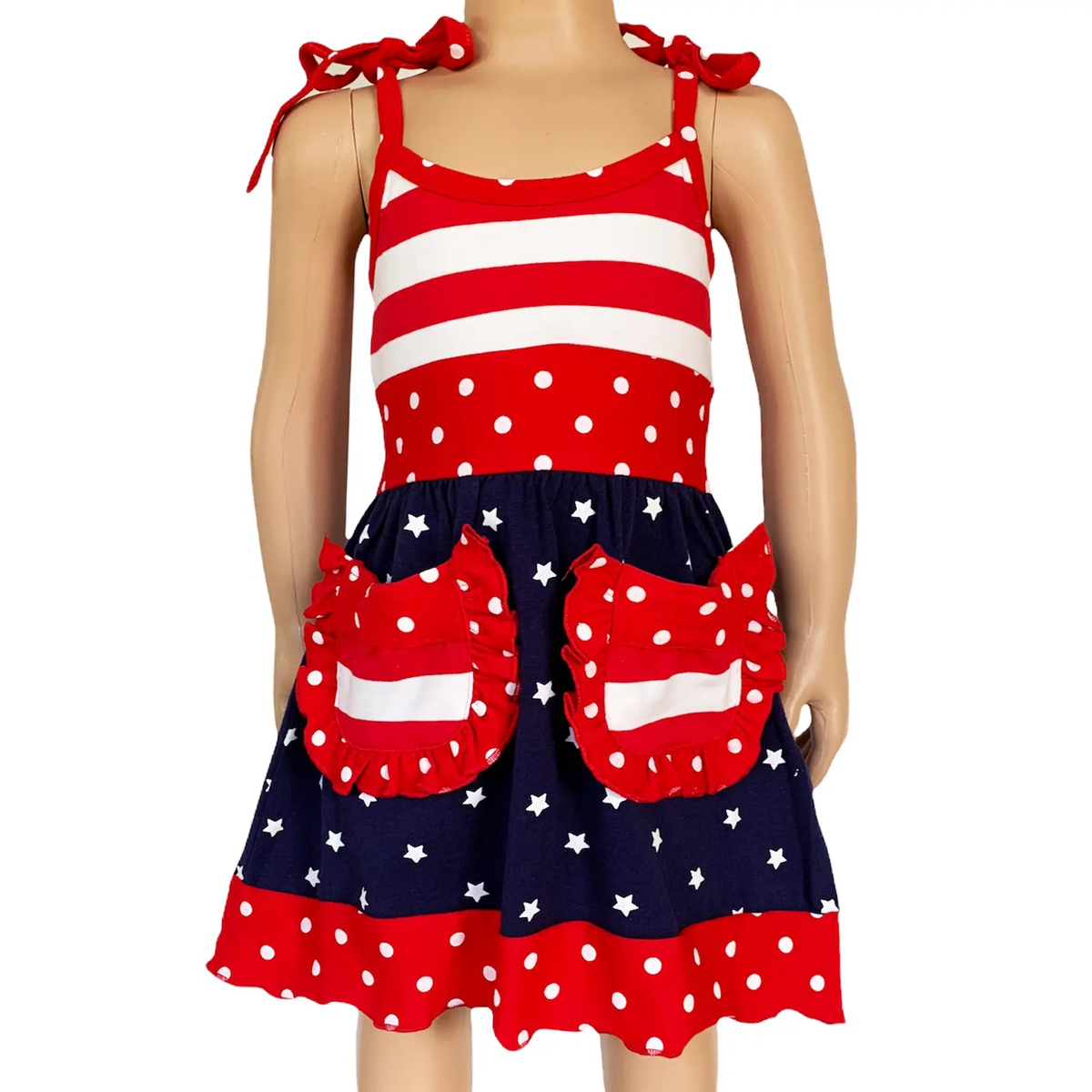 Girls' AL Limited 4th of July dress with red and white striped top, blue star and polka dot skirt, and red ruffle pockets, size 9