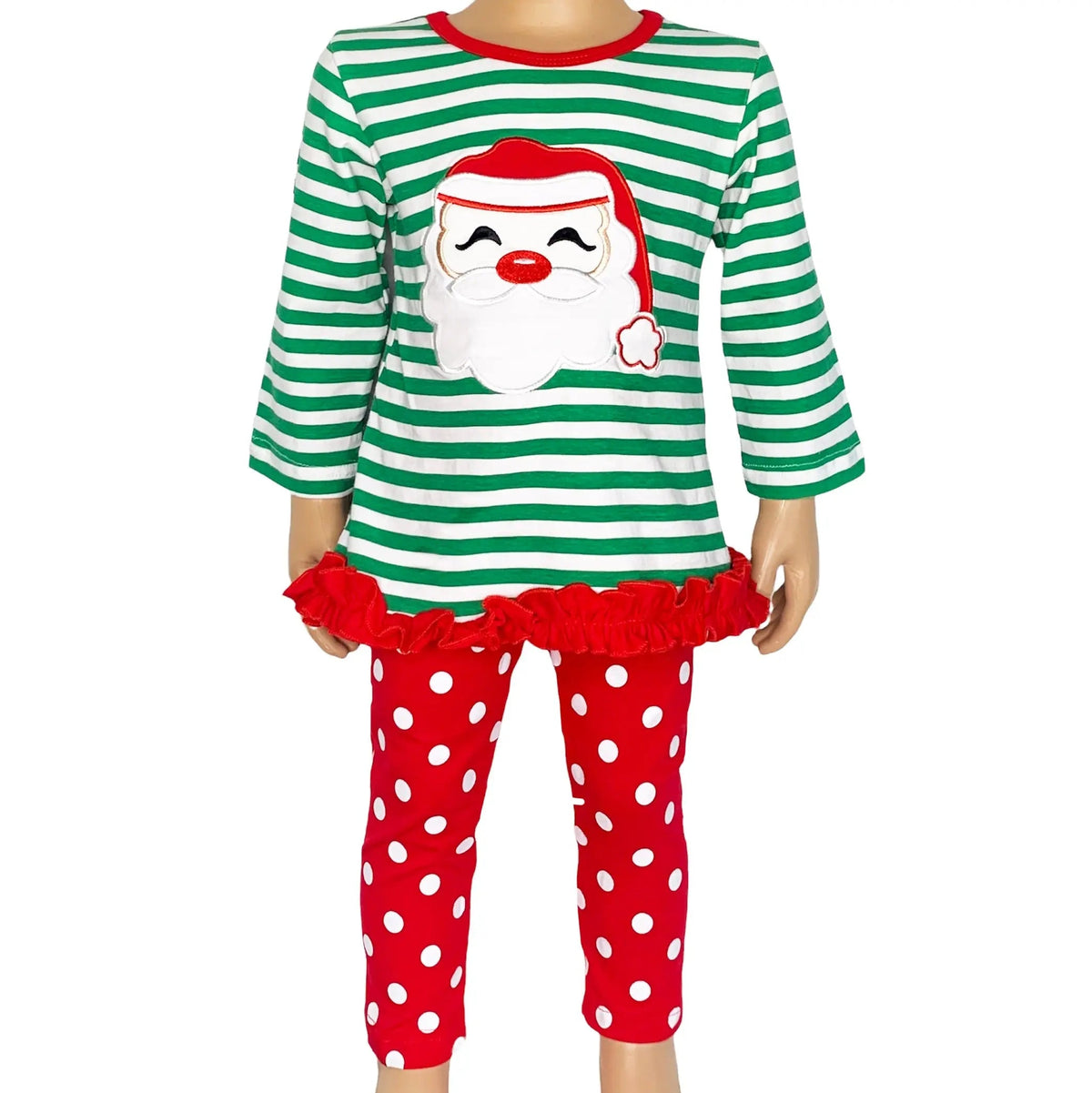 Girls Christmas outfit with green striped Santa tunic and red polka dot leggings