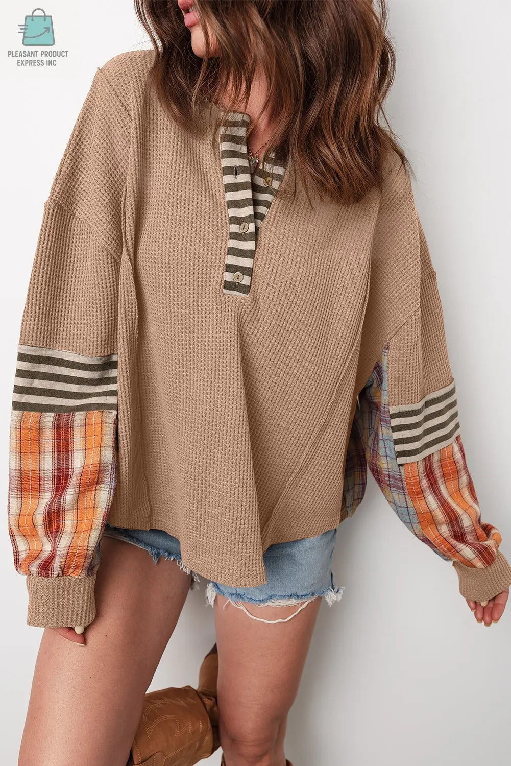 Aaliyah Waffle Stripe Plaid Patchwork Henley Knit Top-0