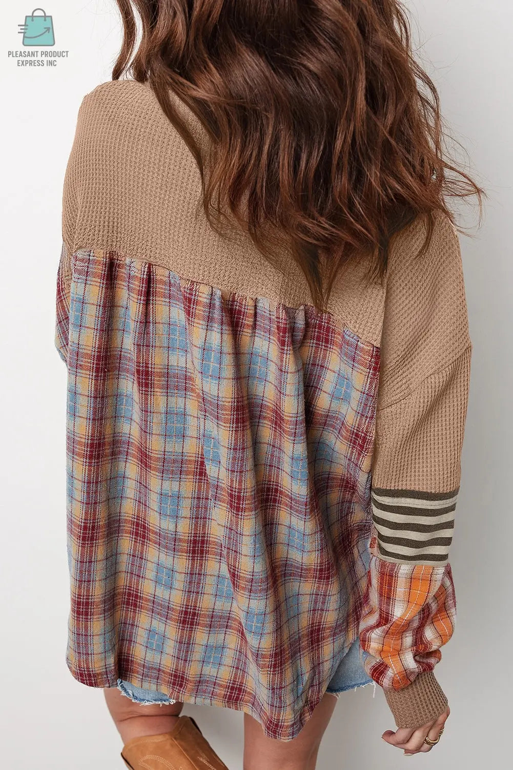 Aaliyah Waffle Stripe Plaid Patchwork Henley Knit Top-1