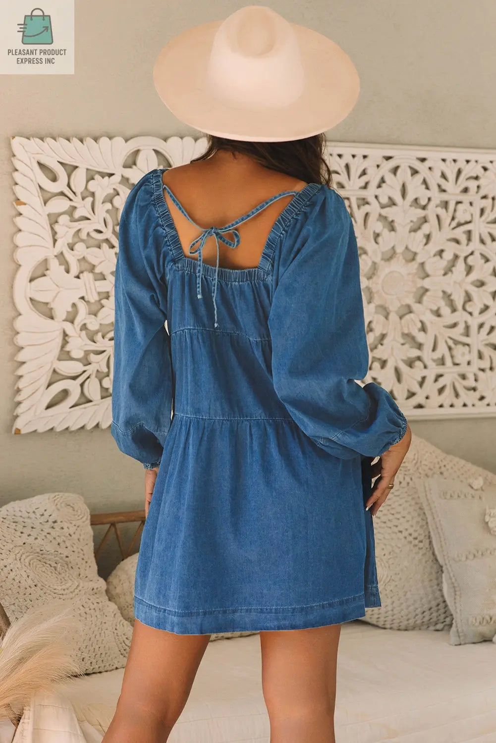 Adalyn Square Neck Side Pockets Loose Fit Denim Dress-1