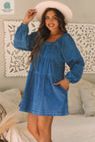 Adalyn Square Neck Side Pockets Loose Fit Denim Dress-2