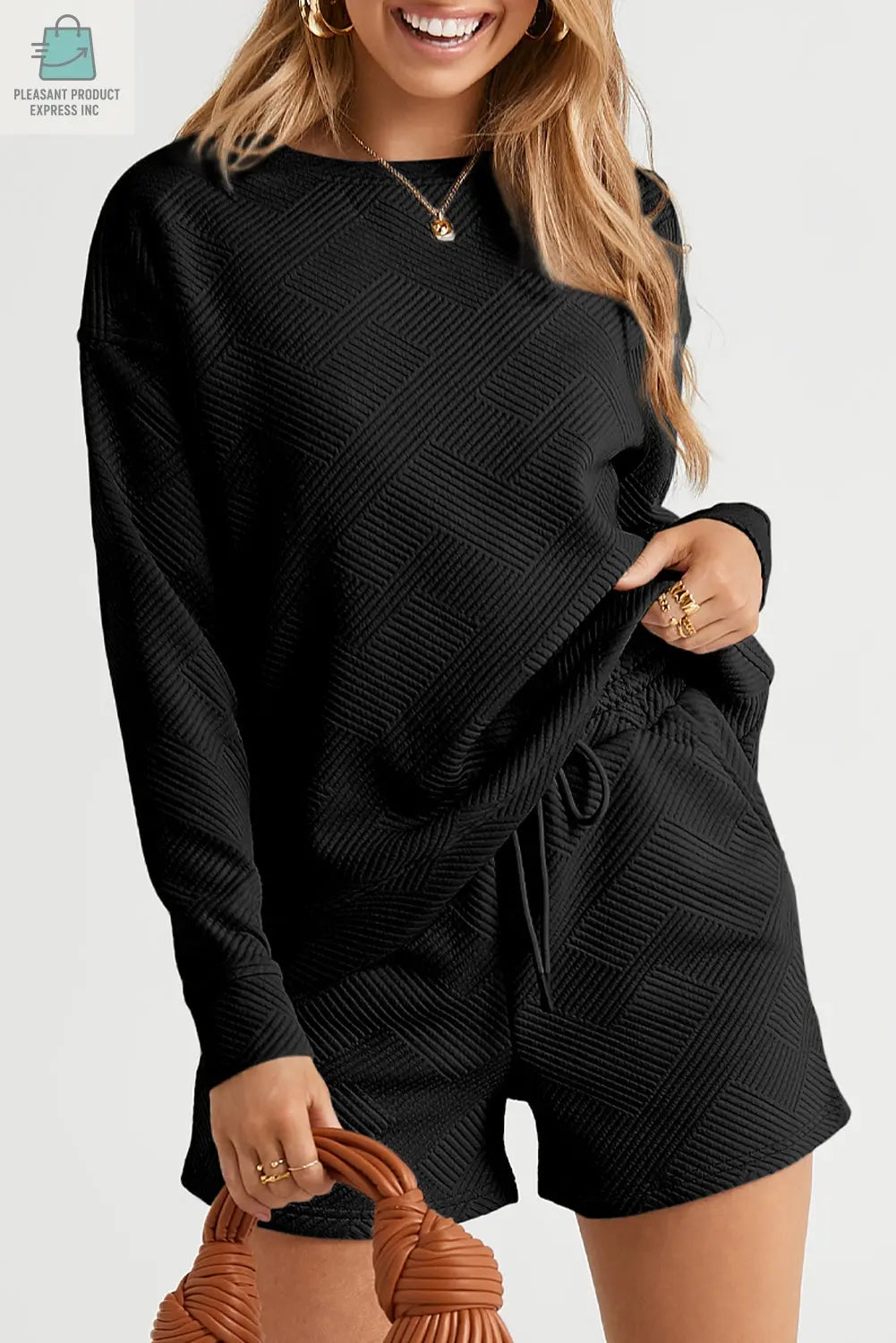 Adalyn Textured Long Sleeve Top and Drawstring Shorts Set-0