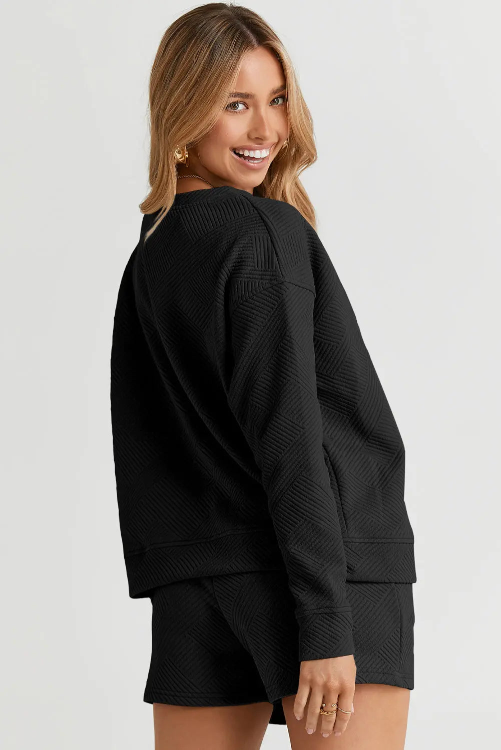 Adalyn Textured Long Sleeve Top and Drawstring Shorts Set-1