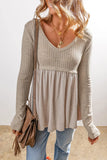 Alexandra Textured Long Sleeve V Neck Babydoll Top-0