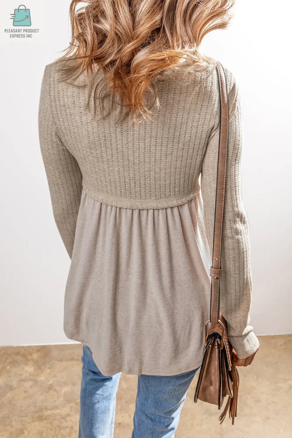 Alexandra Textured Long Sleeve V Neck Babydoll Top-1