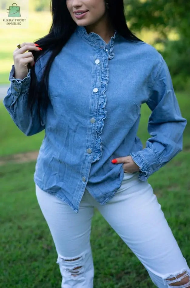 Allyson Ruffled Long Sleeve Buttoned Denim Shirt-0