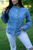 Allyson Ruffled Long Sleeve Buttoned Denim Shirt-0