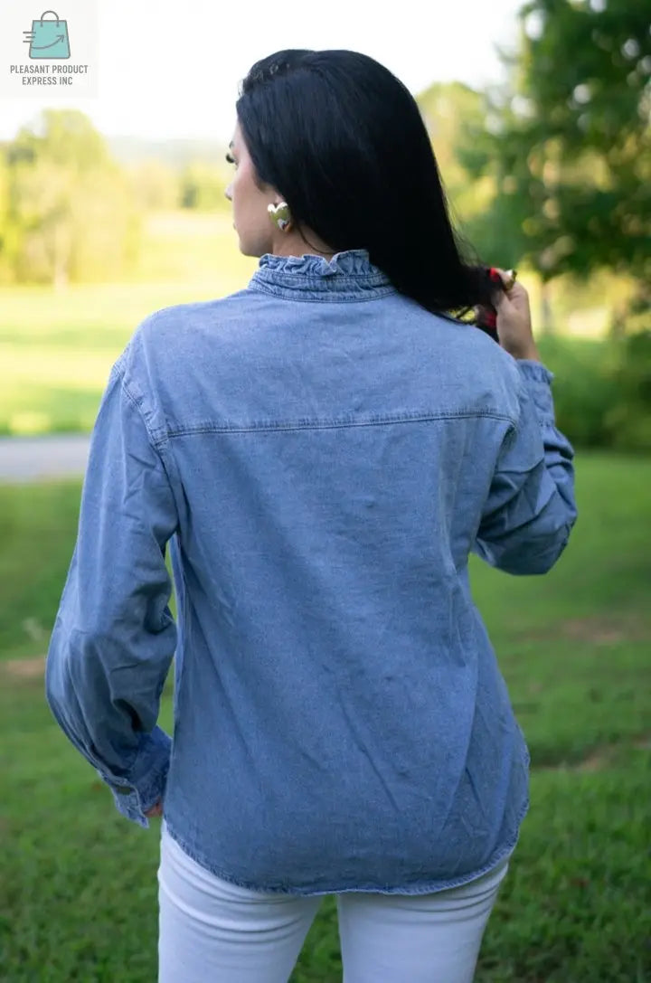 Allyson Ruffled Long Sleeve Buttoned Denim Shirt-1