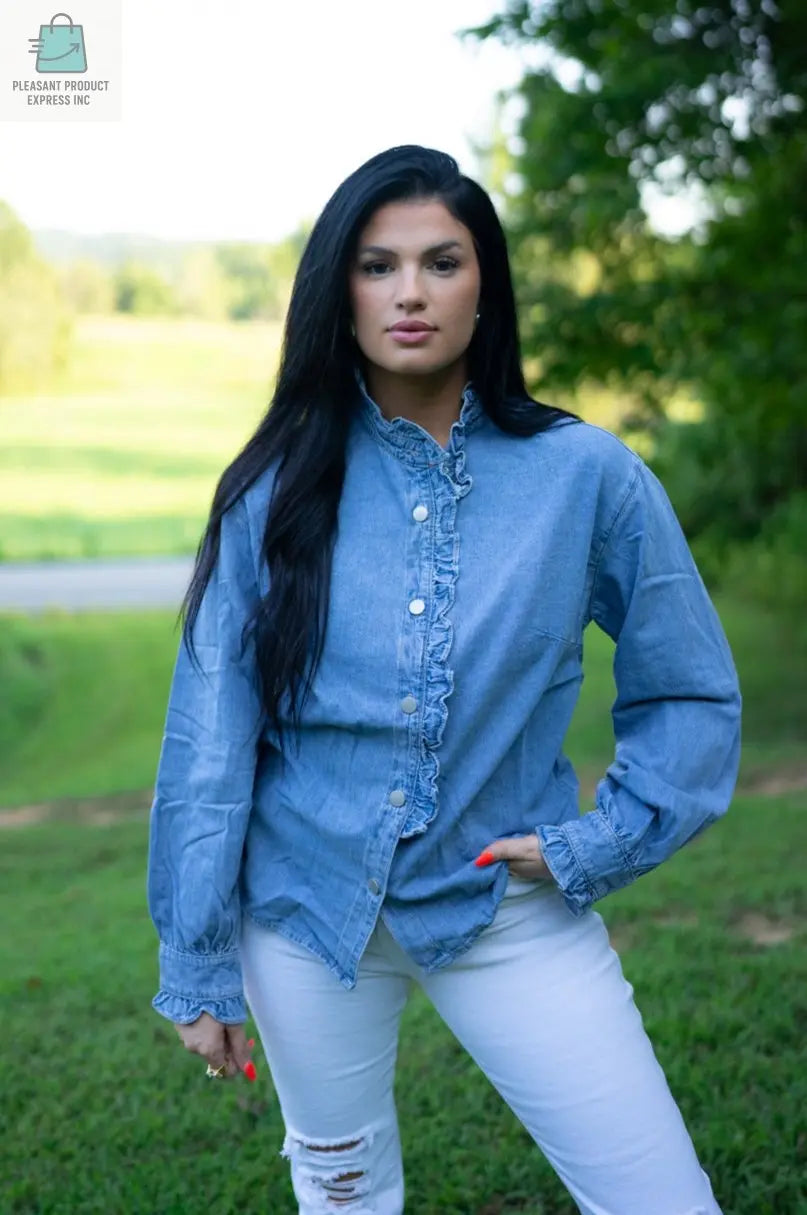 Allyson Ruffled Long Sleeve Buttoned Denim Shirt-3