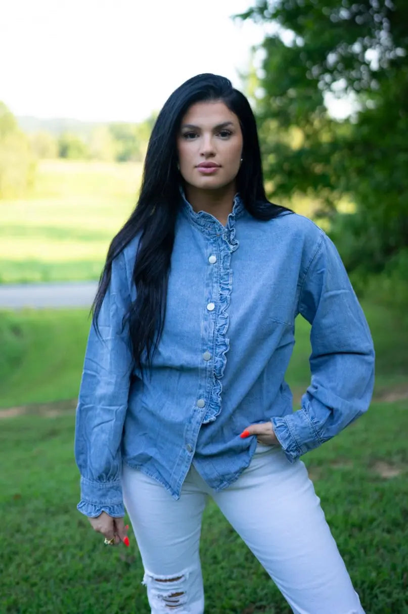 Allyson Ruffled Long Sleeve Buttoned Denim Shirt-3