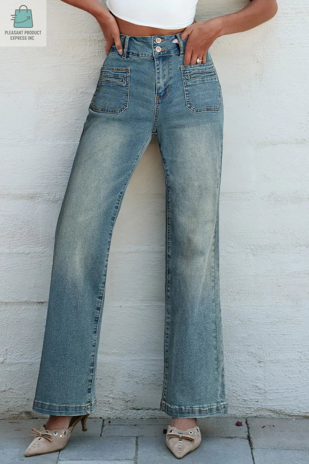 Amyra Double Button Patch Pocket Flare Leg Jeans-2