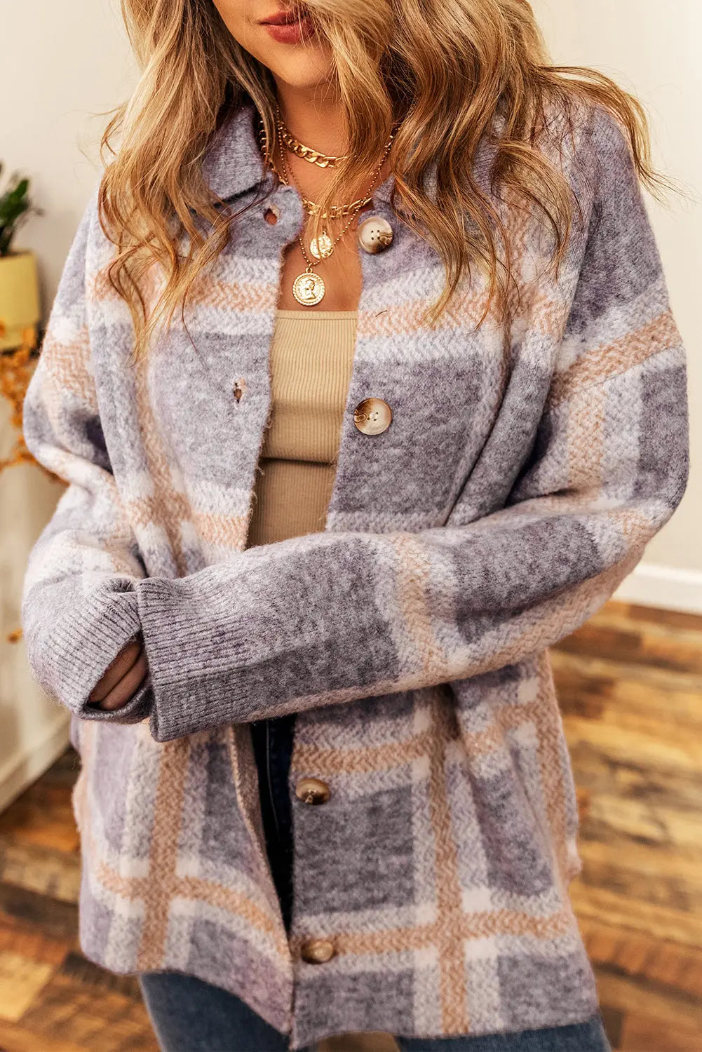 Ana Fuzzy Plaid Collared Button Up Cardigan-0