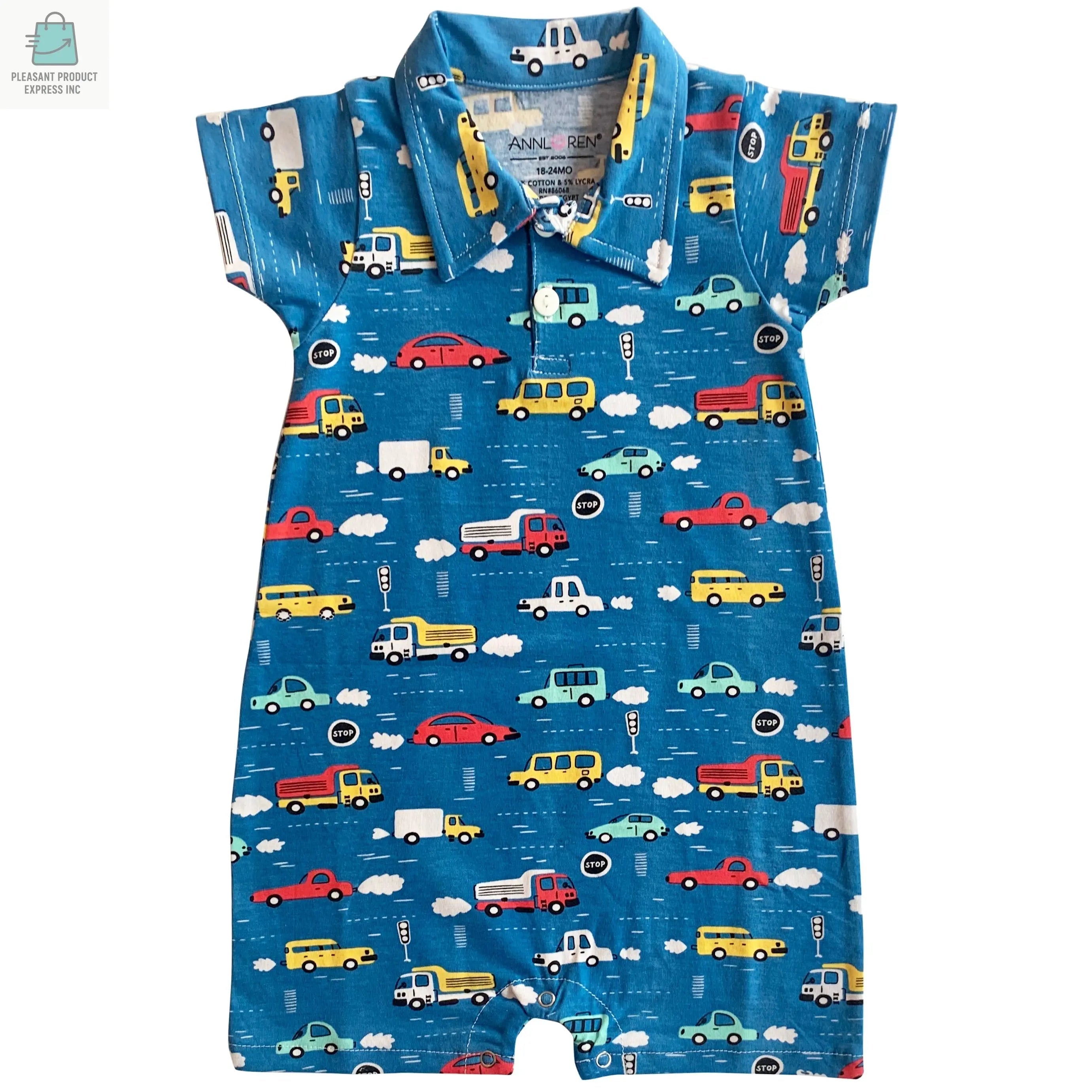AnnLoren Boys 1-Piece romper with collar and button closure featuring colorful automobile cars and trucks print on blue fabric