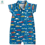 AnnLoren Boys 1-Piece romper with collar and button closure featuring colorful automobile cars and trucks print on blue fabric
