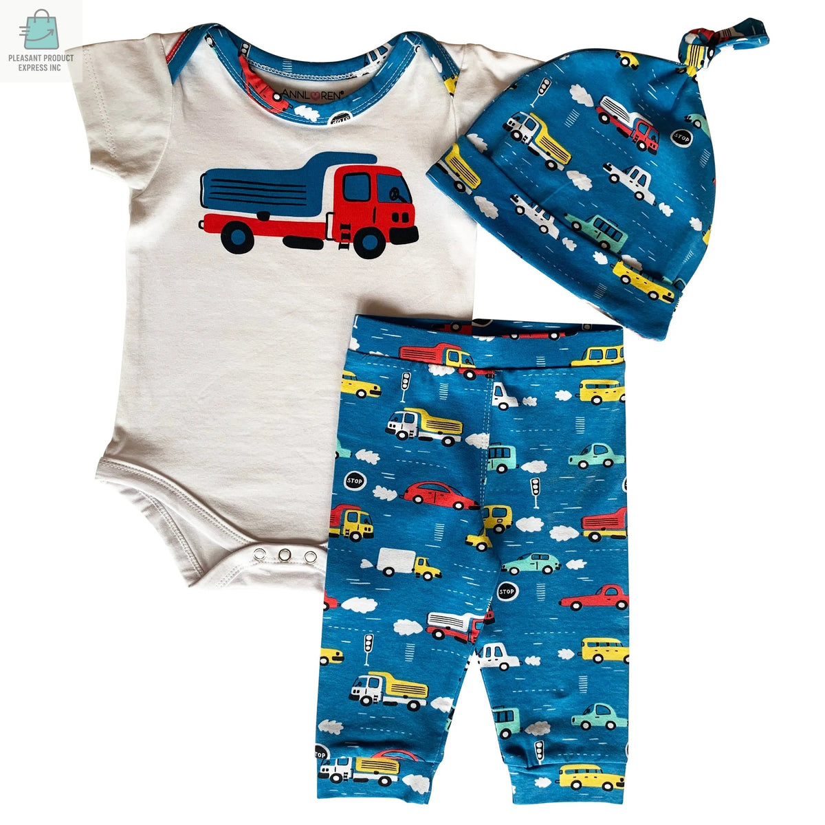 AnnLoren 3Pc baby boy automobile layette set with truck onesie, printed jogger pants, and matching cap