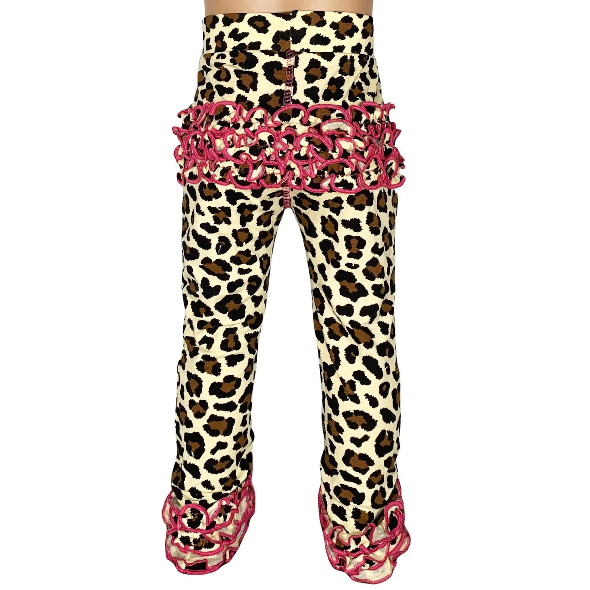 Baby toddler girls' AnnLoren leopard print leggings with pink ruffle details and elastic waistband
