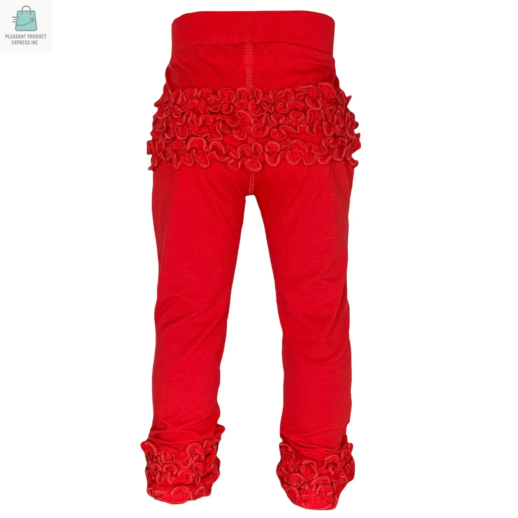 Red baby and girls leggings with ruffle detailing on the butt and cuffs, made from comfortable cotton blend fabric.