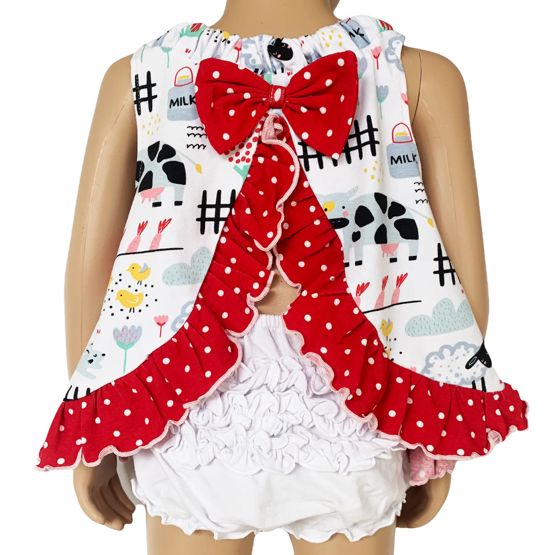 AnnLoren Girls' Fun Farm Animal Spring Tank Top with ruffles, open back, and red polka dot bow, made of soft Egyptian cotton blend.