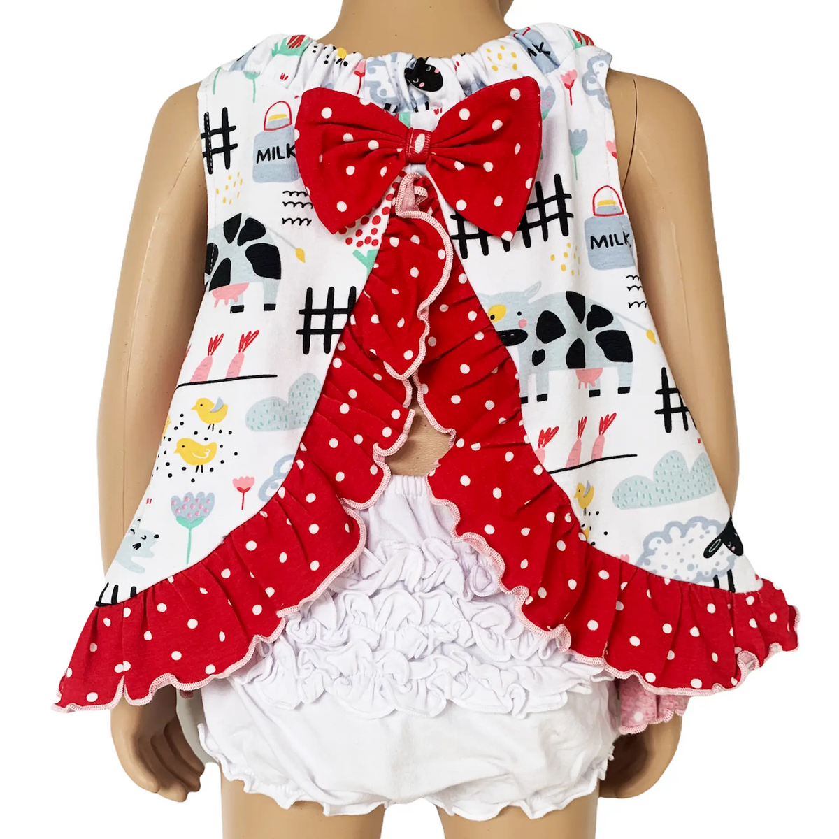 AnnLoren Girls' Fun Farm Animal Spring Tank Top with ruffles, open back, and red polka dot bow, made of soft Egyptian cotton blend.