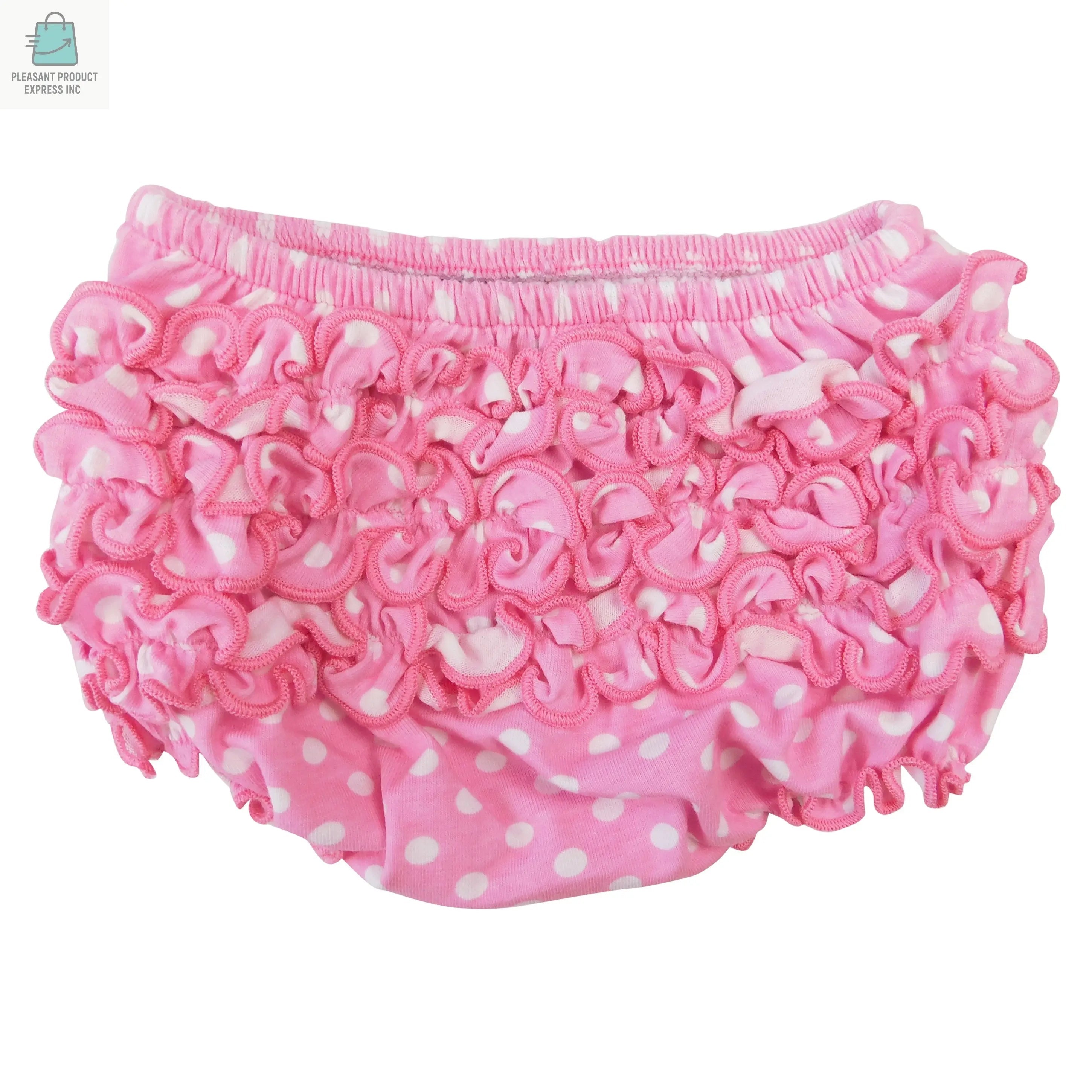 Pink polka dot ruffled butt bloomer diaper cover for baby and toddler girls by AnnLoren