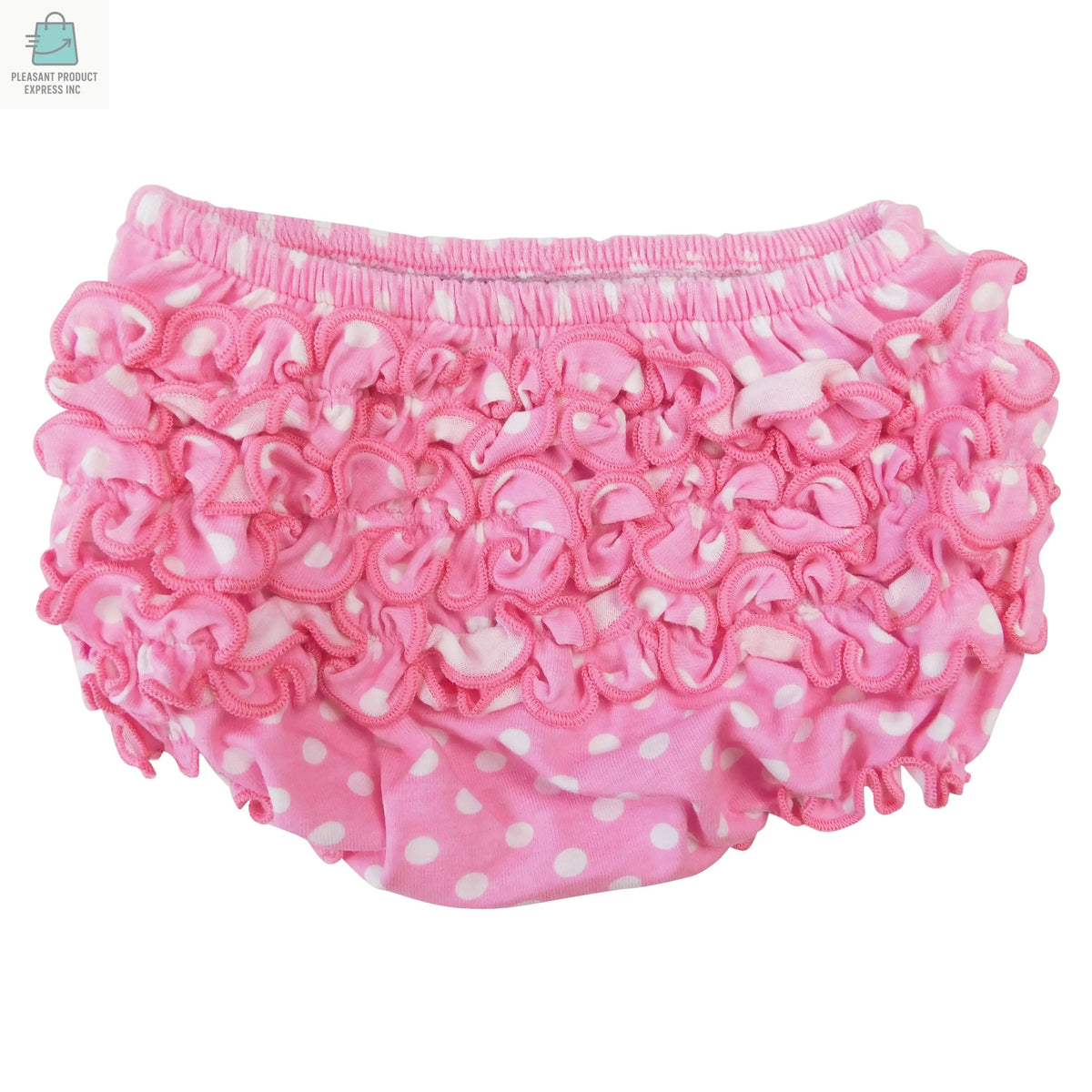 Pink polka dot ruffled butt bloomer diaper cover for baby and toddler girls by AnnLoren