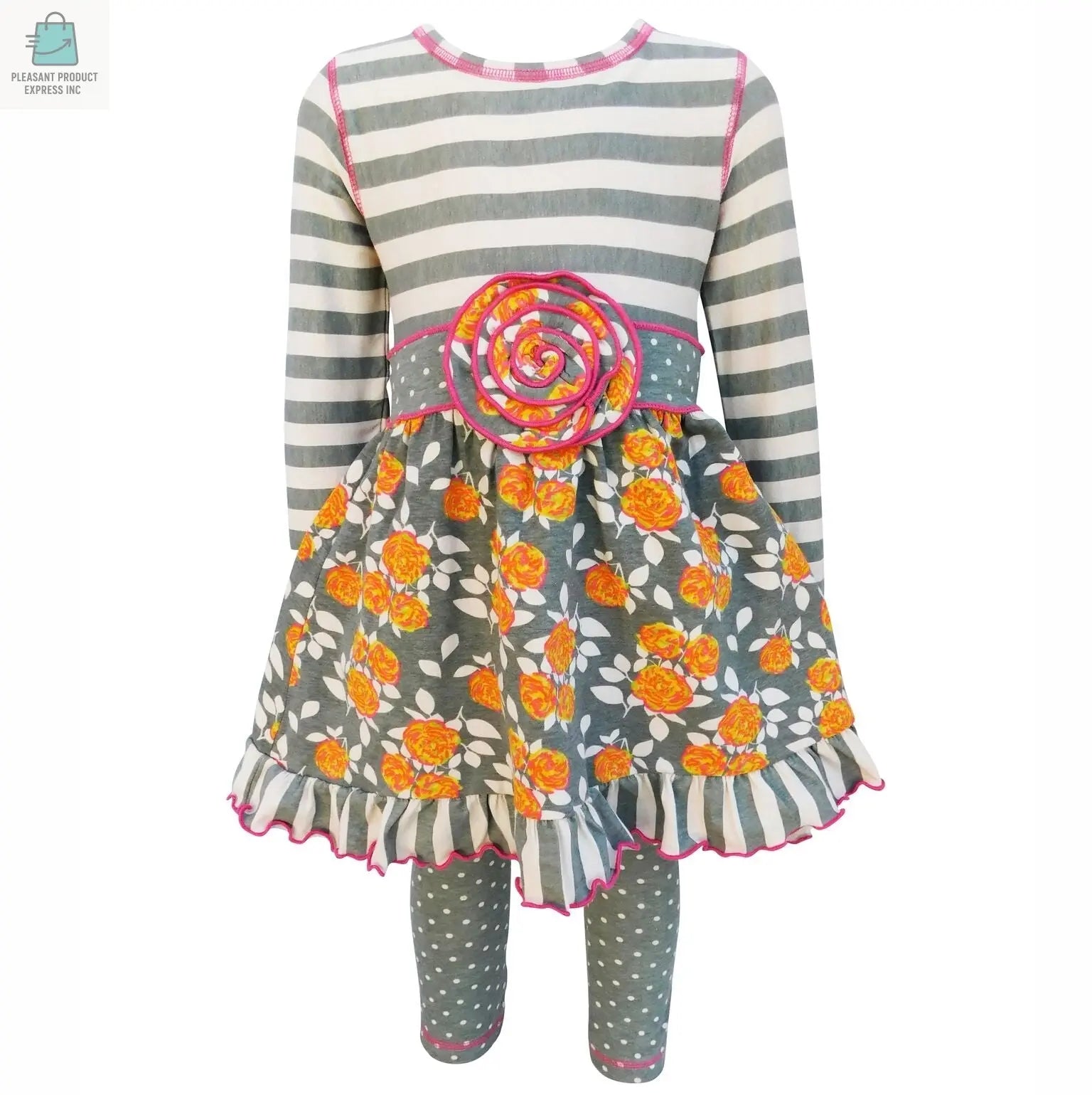 AnnLoren Boutique Grey Floral & Striped Dress & Polka Dot Leggings Clothing Set-0