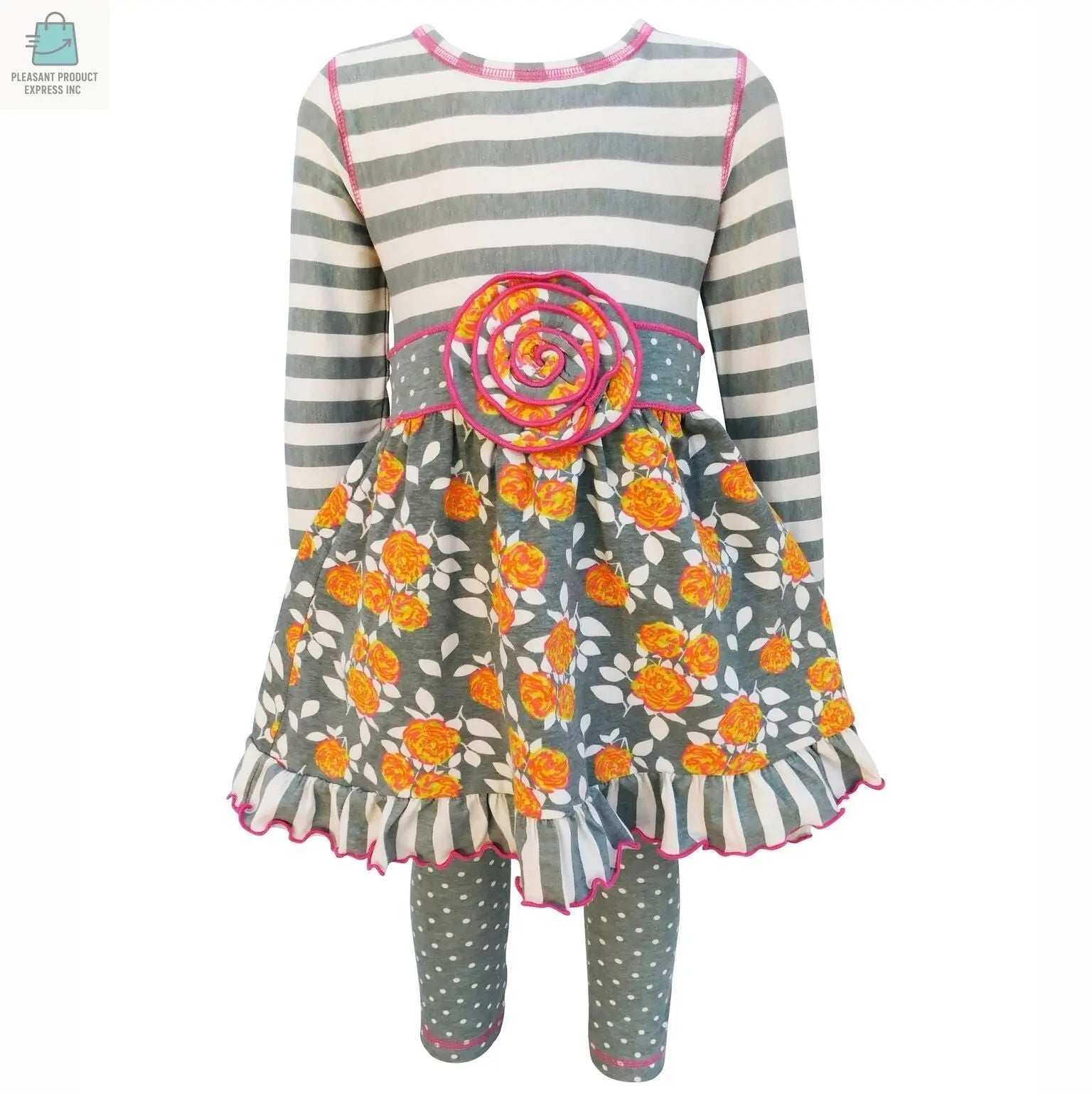 Girls AnnLoren floral and striped grey dress with rose applique and polka dot leggings set